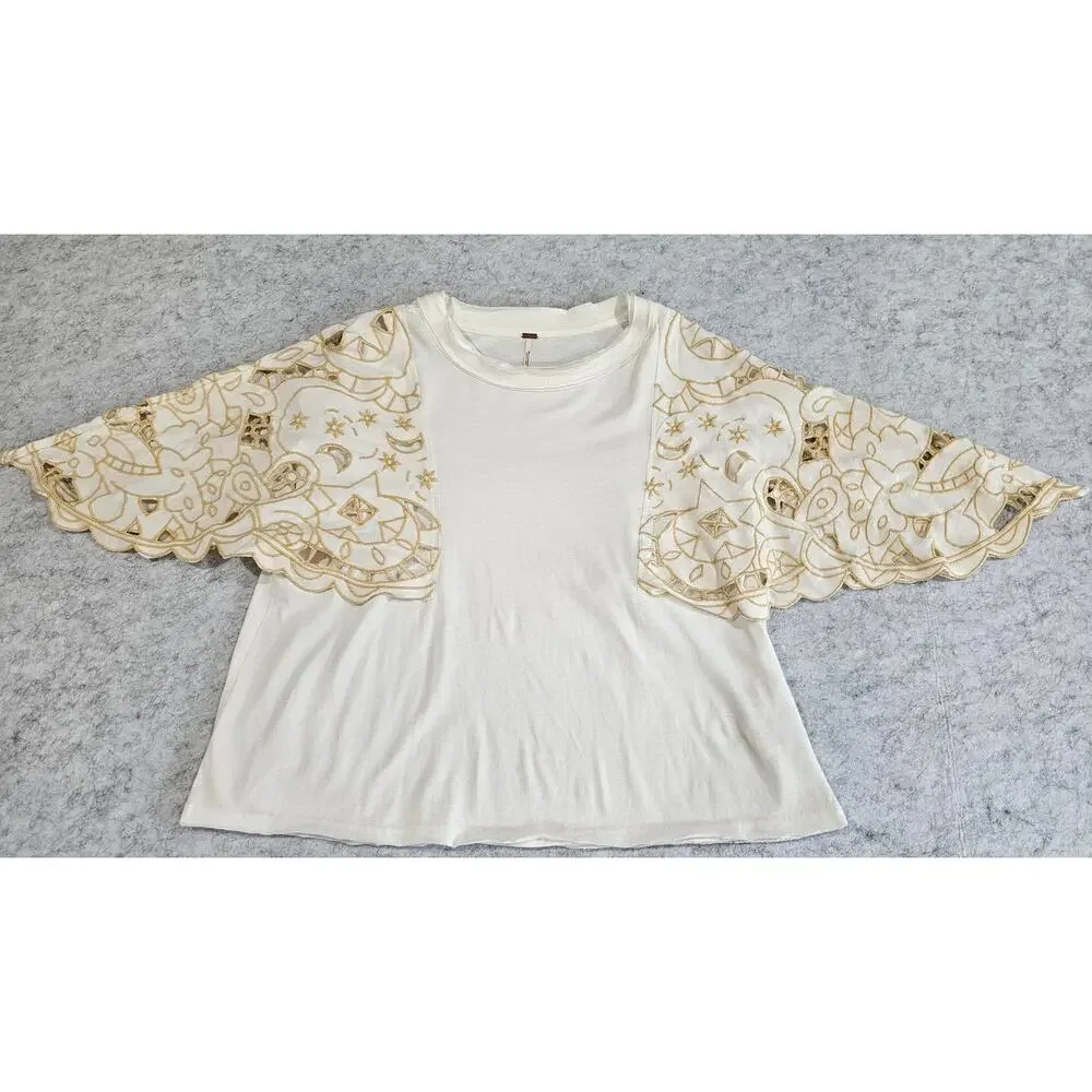 Free People Angel Tee in Ivory, Embroidered Flutter Angelic Sleeves, Sz S, NEW
